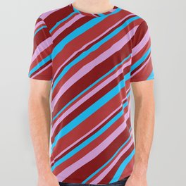 [ Thumbnail: Deep Sky Blue, Red, Plum & Maroon Colored Lined/Striped Pattern All Over Graphic Tee ]