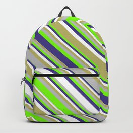 [ Thumbnail: Eyecatching Green, Dark Slate Blue, White, Dark Khaki & Grey Colored Lined Pattern Backpack ]