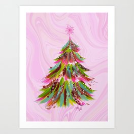 EttaVee Christmas Tree Fleurs Pink Art Print