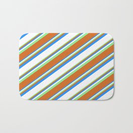 [ Thumbnail: Blue, White, Light Green, and Chocolate Colored Lined Pattern Bath Mat ]