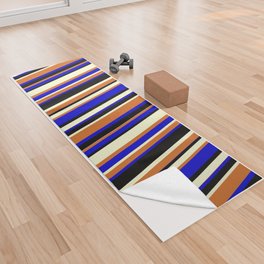 [ Thumbnail: Chocolate, Light Yellow, Black & Blue Colored Lines/Stripes Pattern Yoga Towel ]