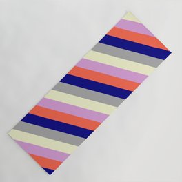 [ Thumbnail: Colorful Plum, Red, Blue, Dark Grey & Light Yellow Colored Lines/Stripes Pattern Yoga Mat ]
