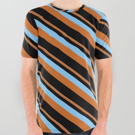 [ Thumbnail: Light Sky Blue, Chocolate & Black Colored Lines/Stripes Pattern All Over Graphic Tee ]