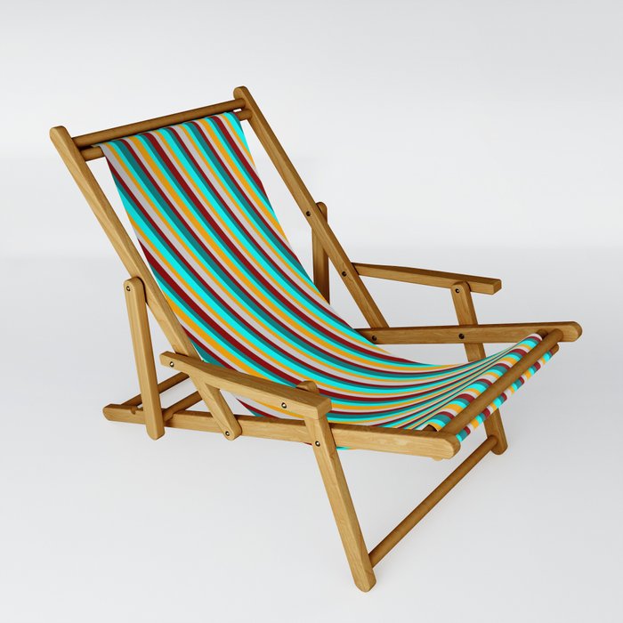 Eyecatching Dark Red, Teal, Cyan, Orange, and Light Grey Colored Striped Pattern Sling Chair