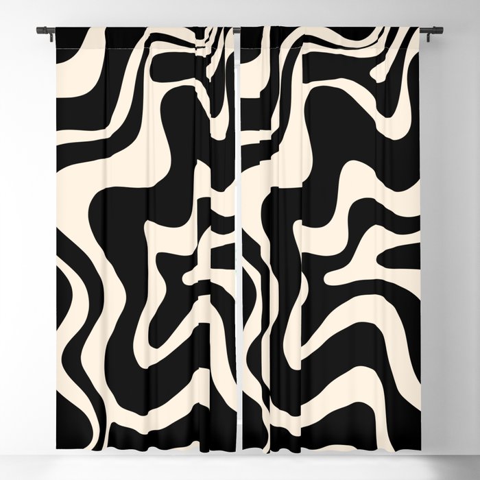 Retro Liquid Swirl Abstract in Black and Almond Cream  Blackout Curtain