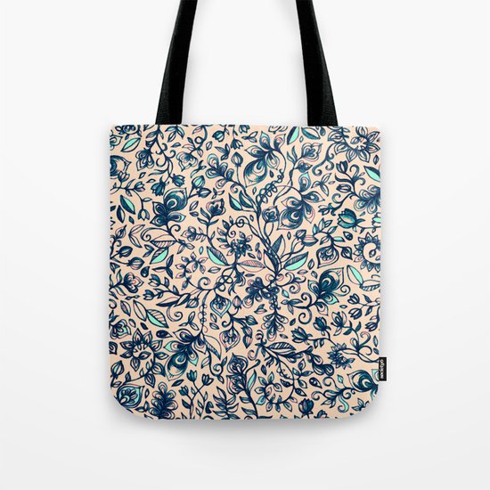 Teal Garden - floral doodle pattern in cream & navy blue Tote Bag