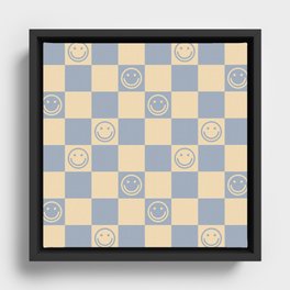 Cute Smiley Faces on Checkerboard \\ Neutral Color Palette Framed Canvas