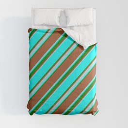 [ Thumbnail: Sienna, Powder Blue, Aqua & Green Colored Stripes Pattern Comforter ]