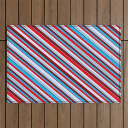 [ Thumbnail: Eyecatching Sky Blue, Dark Red, Deep Sky Blue, Red & Lavender Colored Lines/Stripes Pattern Outdoor Rug ]