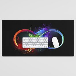Infinity with rainbow feather on black background Desk Mat