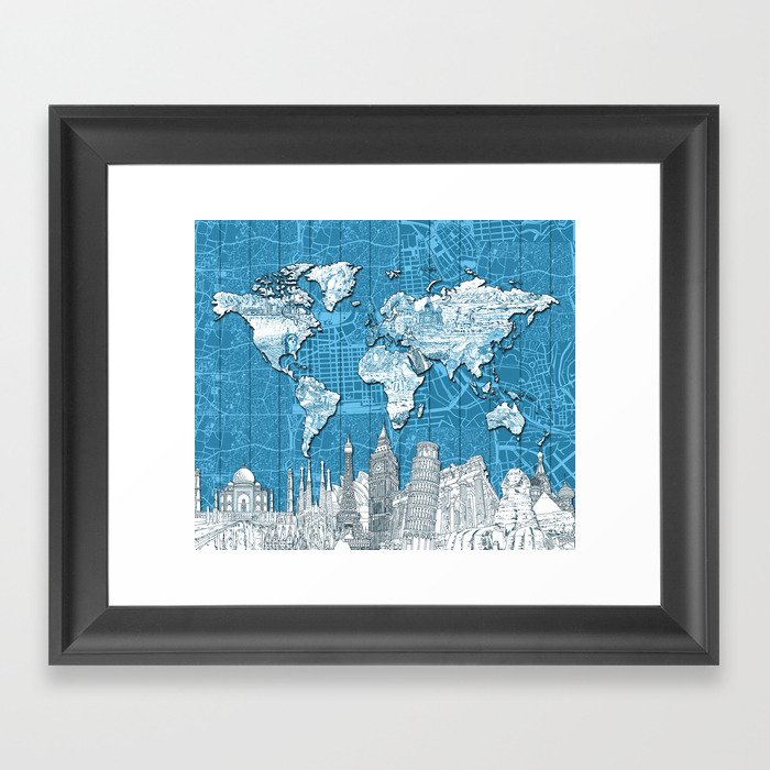 world map city skyline 10 Framed Art Print