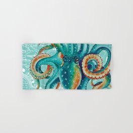 Teal Octopus On Light Teal Vintage Map Hand & Bath Towel