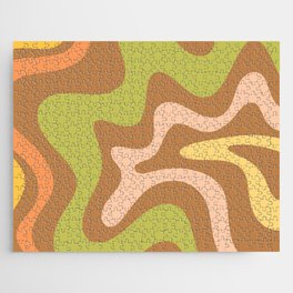 Retro Liquid Swirl Abstract Pattern Square in Light Brown Green Yellow Orange Blush Jigsaw Puzzle