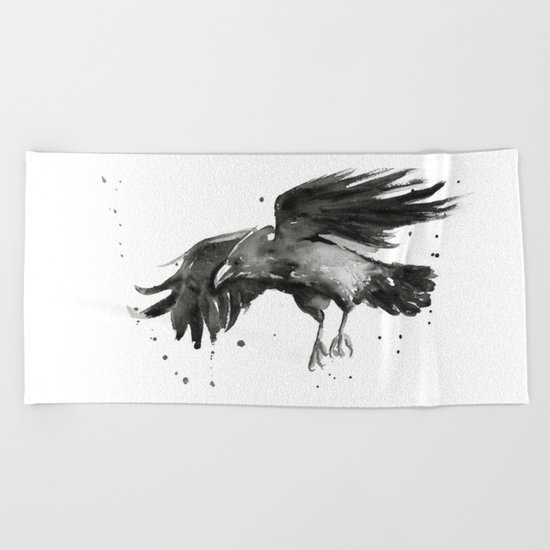 Raven Watercolor Bird Painting Black Animals Beach Towel