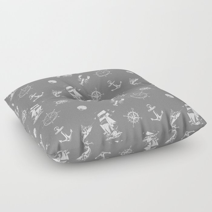 Grey And White Silhouettes Of Vintage Nautical Pattern Floor Pillow
