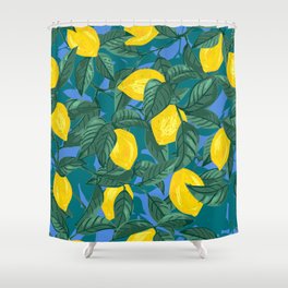 Seamless background with lemons and leaves. Citrus tropical fruits hand drawn on a bright blue background. Botanical vintage illustration Shower Curtain