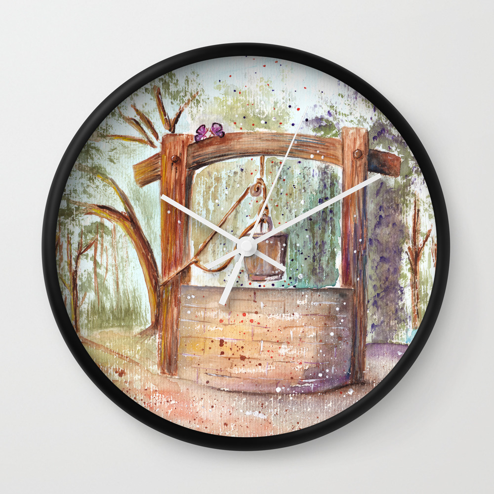 Water Well Watercolor Painting Wall Clock By