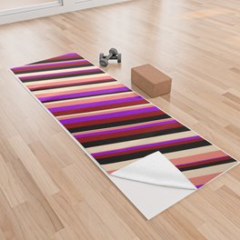 [ Thumbnail: Vibrant Dark Violet, Dark Red, Black, Bisque, and Salmon Colored Stripes Pattern Yoga Towel ]