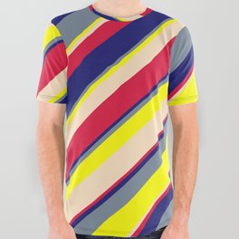 [ Thumbnail: Vibrant Light Slate Gray, Yellow, Bisque, Crimson & Midnight Blue Colored Lines/Stripes Pattern All Over Graphic Tee ]