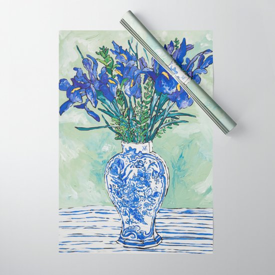 Iris Bouquet In Chinoiserie Vase On Blue And White Striped