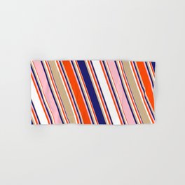 [ Thumbnail: Colorful Red, White, Tan, Midnight Blue, and Pink Colored Lines/Stripes Pattern Hand & Bath Towel ]