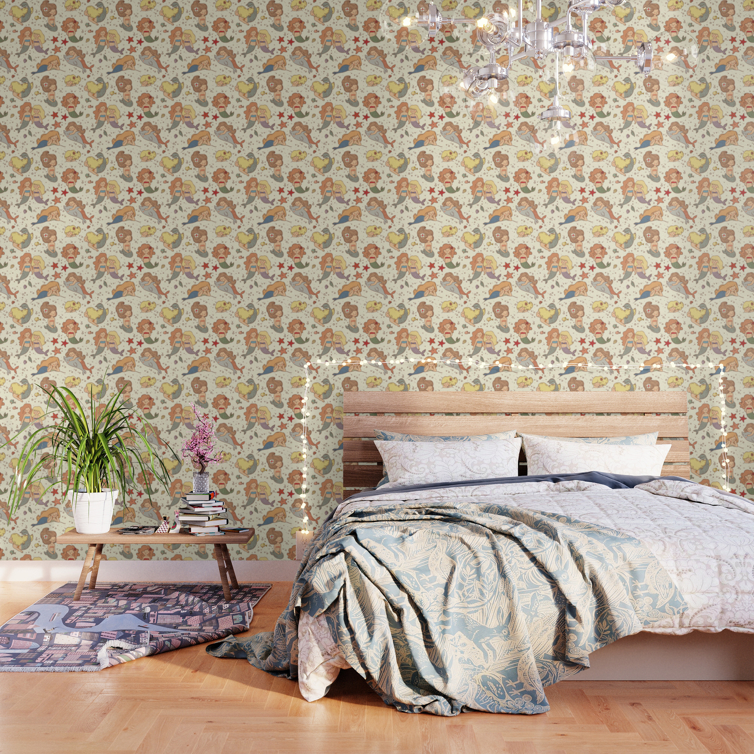 Cute Vintage Style Bff Mermaids Seamless Pattern Wallpaper By