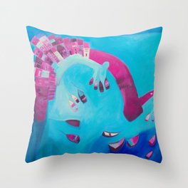 St Ives in Blue & Pink - Colourful Painting of the Harbour and Fishing Boats Throw Pillow