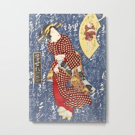 Geisha in checkered kimono Metal Print | Hieroglyphs, Retro, Vintage, Geisha, Samurai, Manga, Painting, Japan, Anime, Asian 