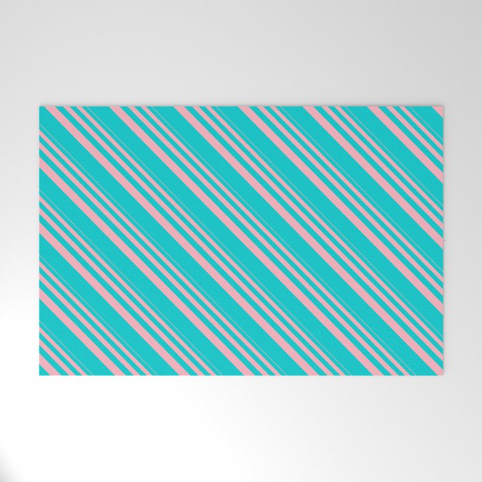 Light Pink & Dark Turquoise Colored Striped Pattern Welcome Mat