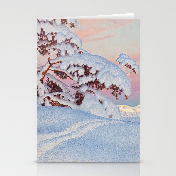 Snow and shadow on the snow-covered mountain | sunset with moon alpine painting | Gustaf Fjaestad Stationery Cards