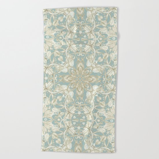 Soft Sage & Cream hand drawn floral pattern Beach Towel