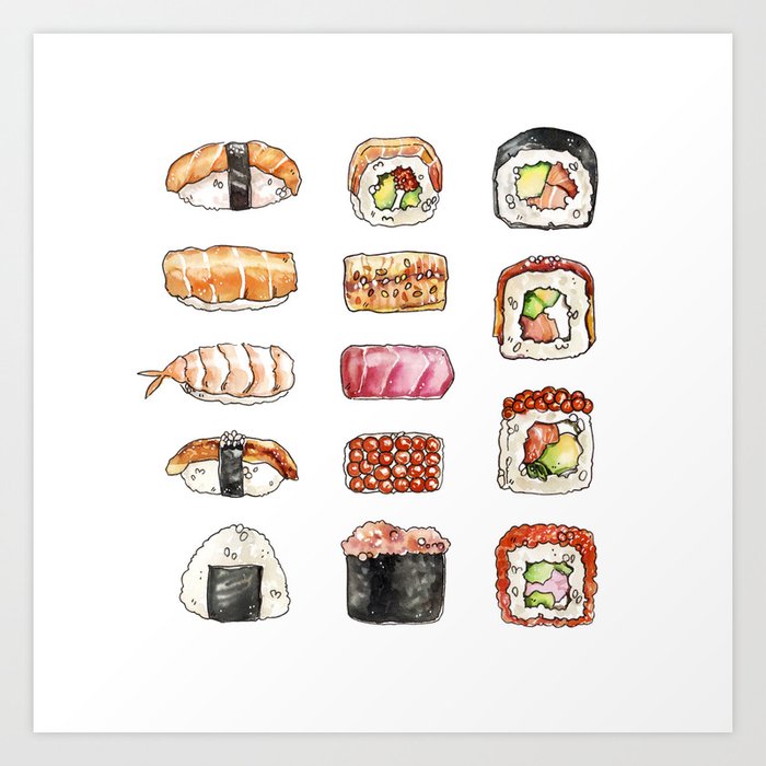 Watercolor sushi set Art Print by Volha Studio