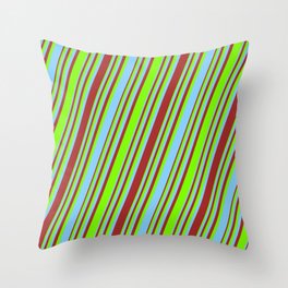 [ Thumbnail: Light Sky Blue, Brown, and Green Colored Striped/Lined Pattern Throw Pillow ]