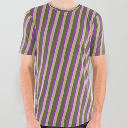 [ Thumbnail: Dark Orchid, Tan & Dark Olive Green Colored Lined Pattern All Over Graphic Tee ]
