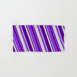 [ Thumbnail: Purple, Light Gray & Indigo Colored Stripes/Lines Pattern Hand & Bath Towel ]