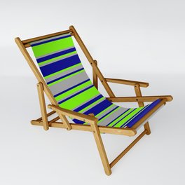[ Thumbnail: Green, Dark Grey & Dark Blue Colored Lines/Stripes Pattern Sling Chair ]