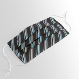 [ Thumbnail: Sky Blue, Dim Grey, and Black Colored Pattern of Stripes Face Mask ]