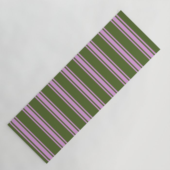 Dark Olive Green & Plum Colored Striped/Lined Pattern Yoga Mat