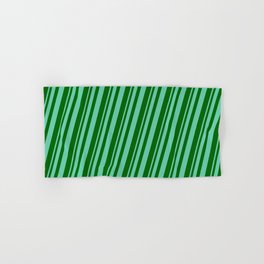 [ Thumbnail: Aquamarine and Dark Green Colored Pattern of Stripes Hand & Bath Towel ]