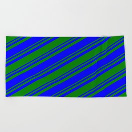 [ Thumbnail: Green and Blue Colored Stripes/Lines Pattern Beach Towel ]
