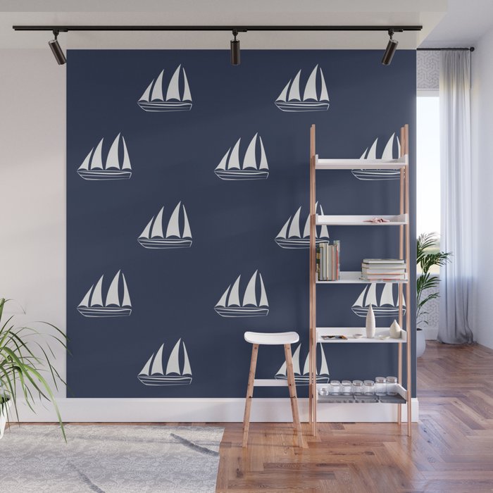 White Sailboat Pattern on navy blue background Wall Mural