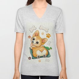 Korgi Pet Puppy Dog Cute Character pattern V Neck T Shirt