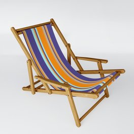 [ Thumbnail: Dark Slate Blue, Tan, Dark Orange & Turquoise Colored Stripes Pattern Sling Chair ]