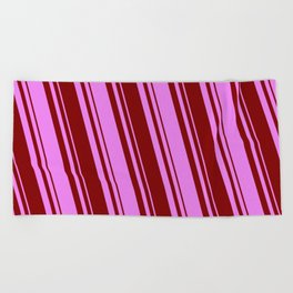 [ Thumbnail: Maroon & Violet Colored Lined Pattern Beach Towel ]