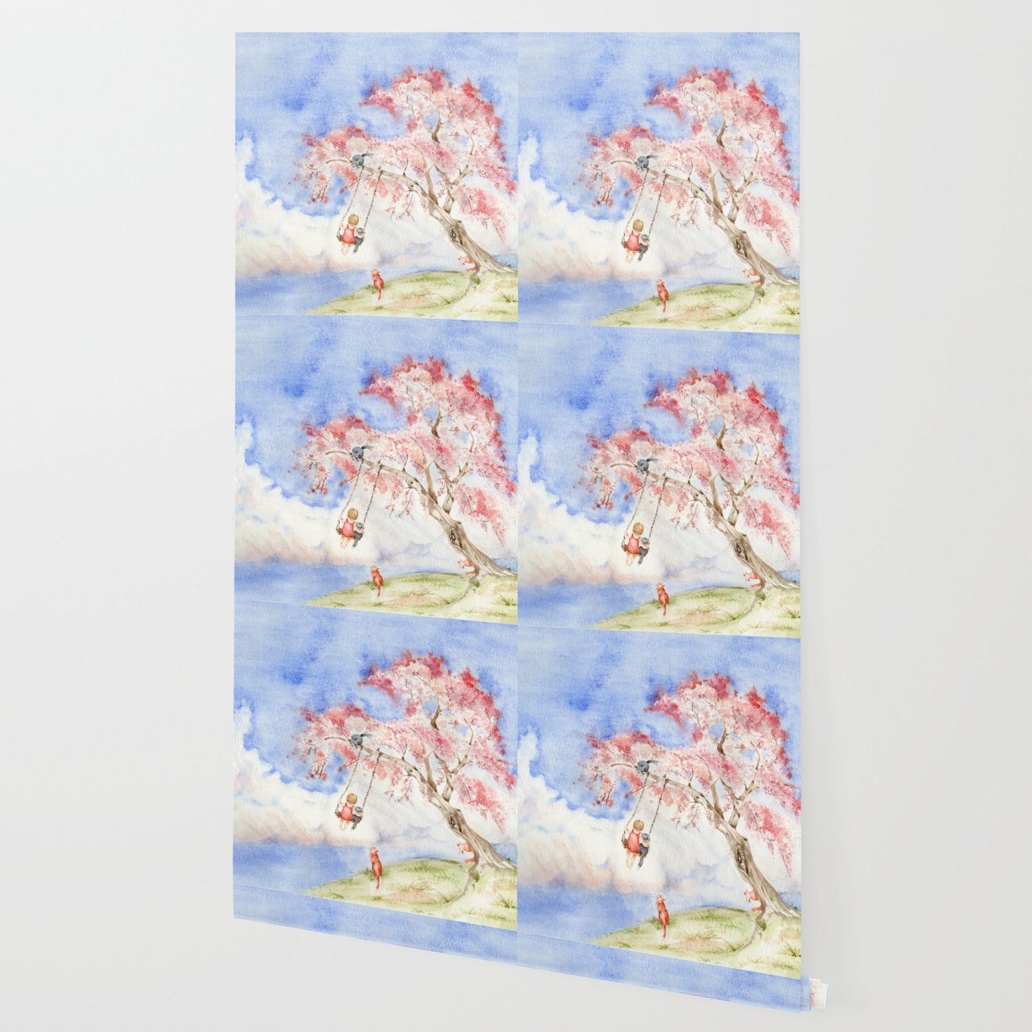 Girl On A Sakura Tree Swing With Cats Wallpaper By Evgeniya Society6