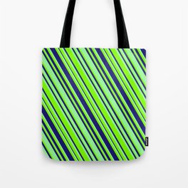 [ Thumbnail: Midnight Blue, Green & Chartreuse Colored Lined/Striped Pattern Tote Bag ]