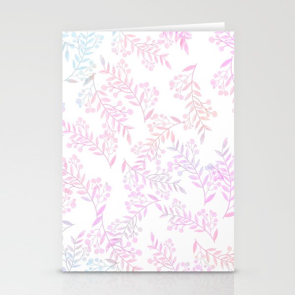 Coral Pink Green Blue Watercolor Foliage Berries Pattern Stationery Cards