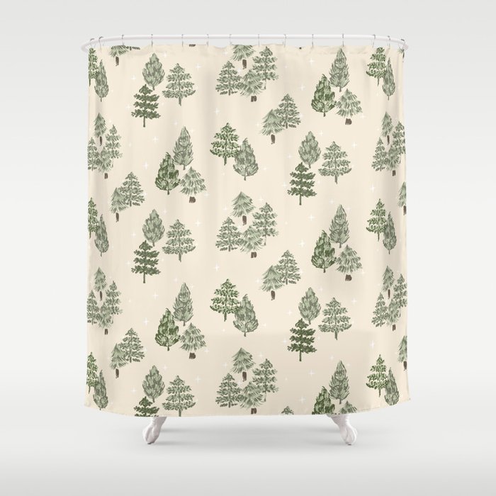 Starry night pine trees - off white, sage green and pastel green Shower Curtain