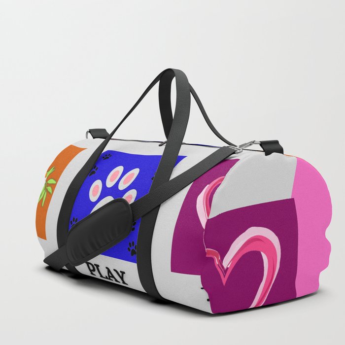 Eat play love for cats mat and art pets motif in pink with black lettering landscape format Duffle Bag