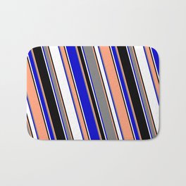 [ Thumbnail: Vibrant Light Salmon, Gray, Blue, White & Black Colored Lined/Striped Pattern Bath Mat ]